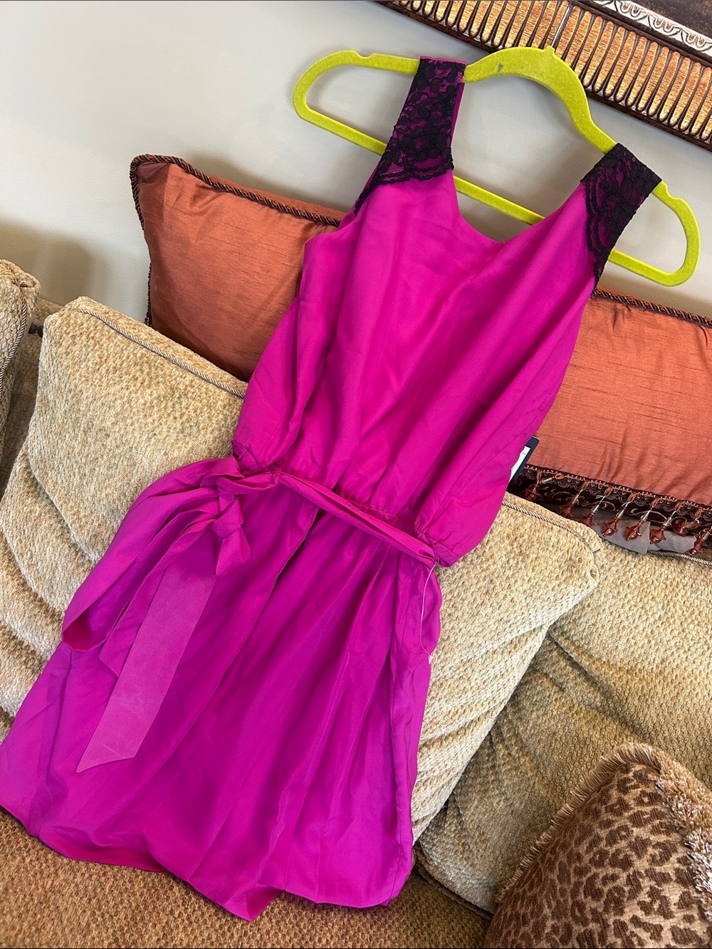 Guess Hot Pink V-Neck Sleeveless Dress with Black Lace Inset-Size 8-NWT